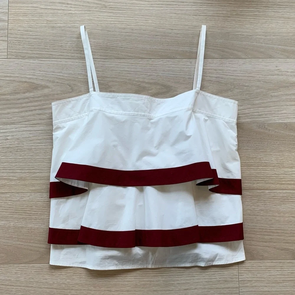 Tory Burch Sage Tiered Ruffle Spaghetti Strap Top White Maroon NWT Size 12